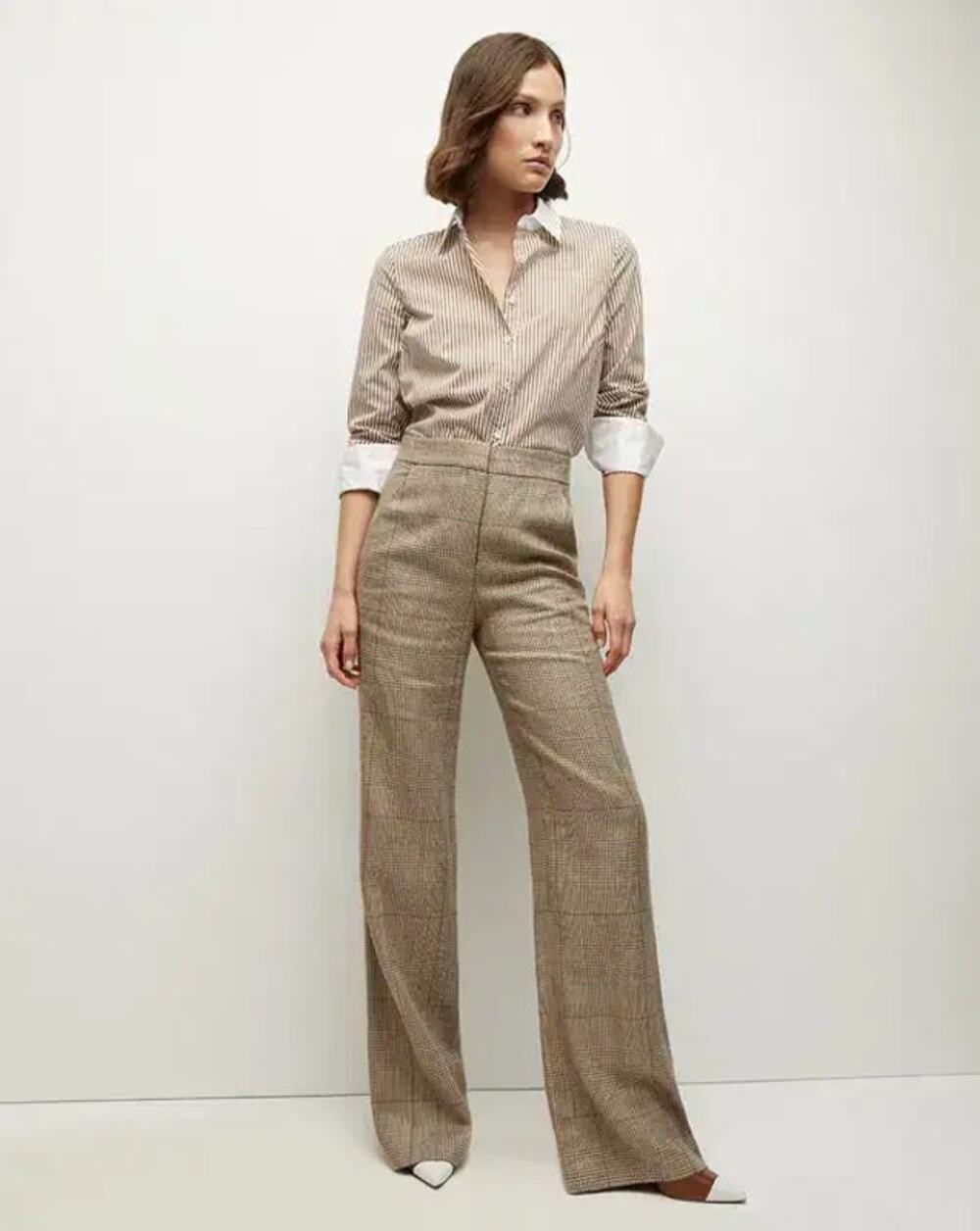 Veronica Beard Tonelli Plaid High Rise Wide Leg Pants Ecru Linen Blend Sz 4 New